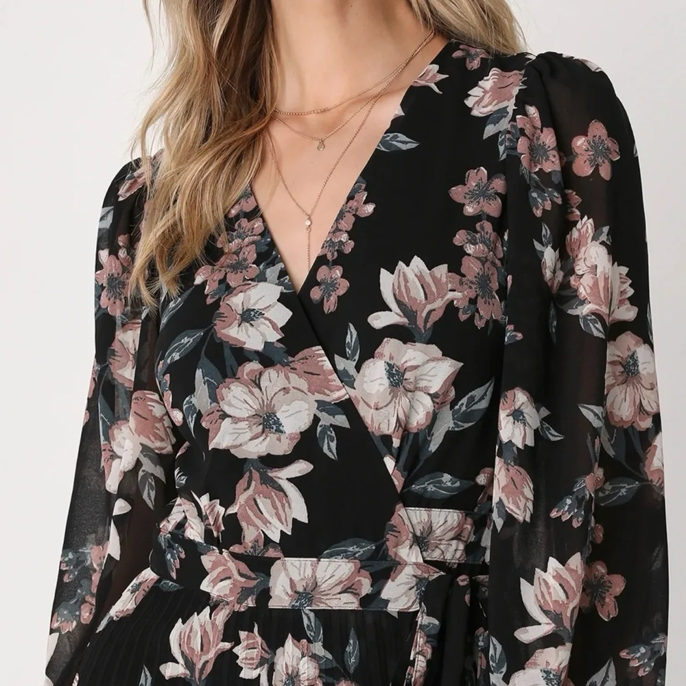 Lulu's Blooming Whimsy Black Floral Pleated Midi Wrap Dress - Picture 3 of 14